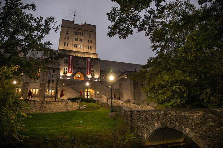 An exterior shot of the Indiana Memorial Union at dusk.